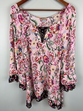 Democracy Floral boho Lace-Up Relaxed fit flowy Top size 2X